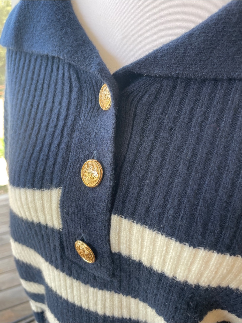 LOFT Navy and Cream Striped Polo Sweater - Picture 4 of 8